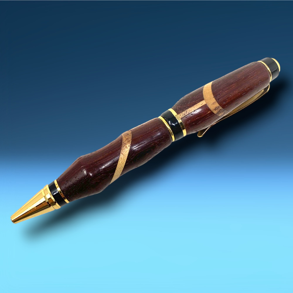 Vintage 1980's Artisan Made Turned Wooden Marquetry Modernist Ballpoint Pen